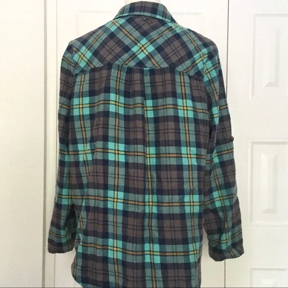 C & C California aqua & brown plaid flannel shirt XS - Picture 3 of 7
